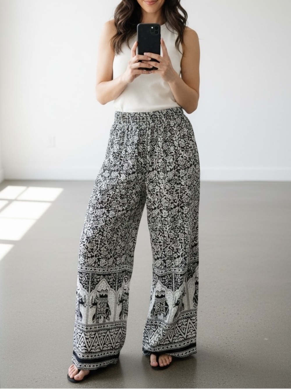 Vintage Boho Elephant Print Wide Leg Pants Black White Cotton Size S M